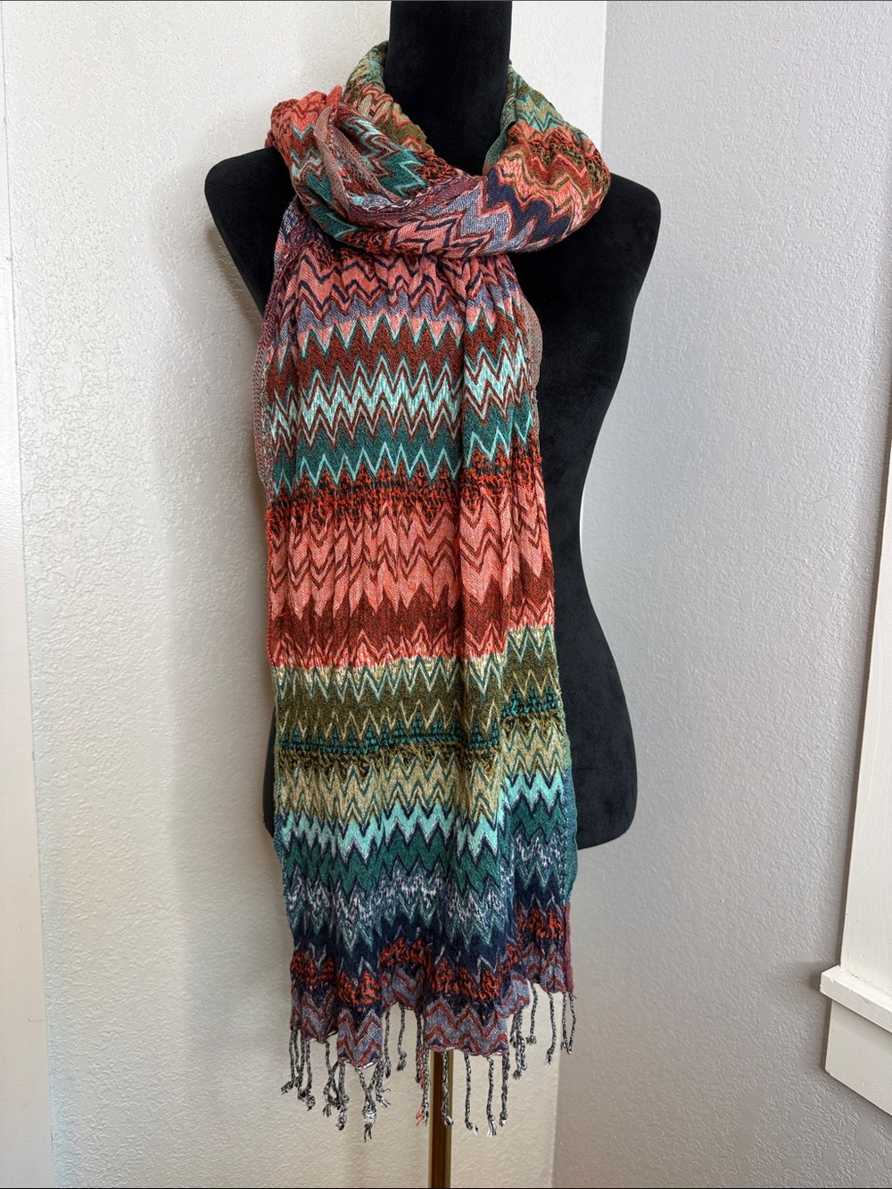 Boho Knit Fringe Scarf Wrap Shawl Earthy Sunset Southwest Festival Indie Energy - Picture 2 of 3